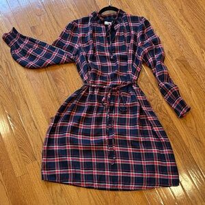 Loft Plaid Red and dark navy Women's Dress large medium w belt tie worn once